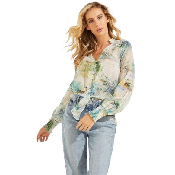 Guess NWT Charisse Chiffon Blouse Long Sleeve Tropical Print High Low Size M - Picture 2 of 14